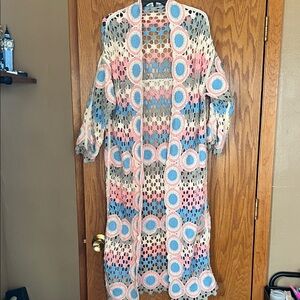 POL Crochet Openwork Cardigan in Cream, Blue & Pink